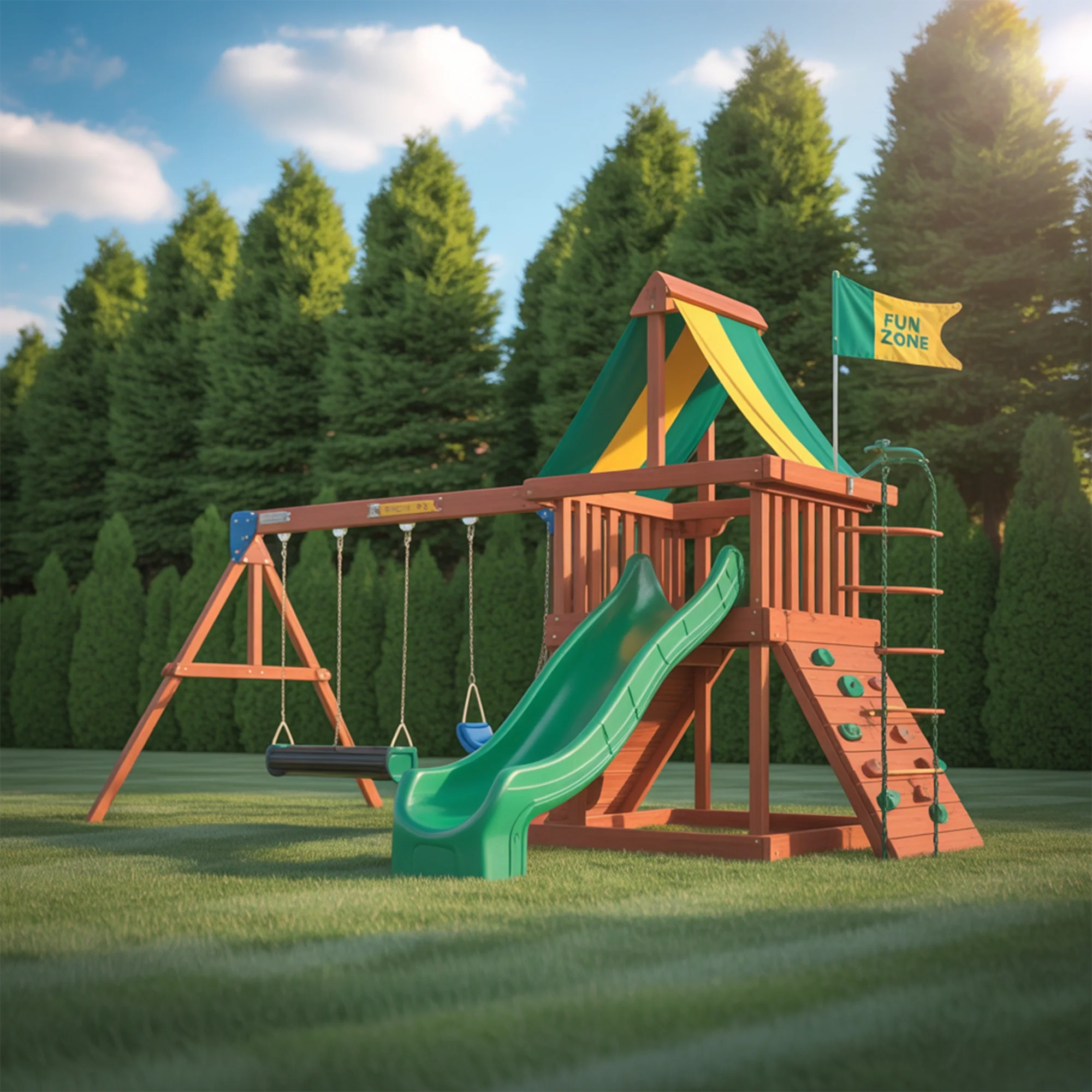 Outdoor Wooden Playset with Double Swings, Green Wave Slide & Climbing Wall | 22ft x 10ft x 9ft Backyard Adventure Set