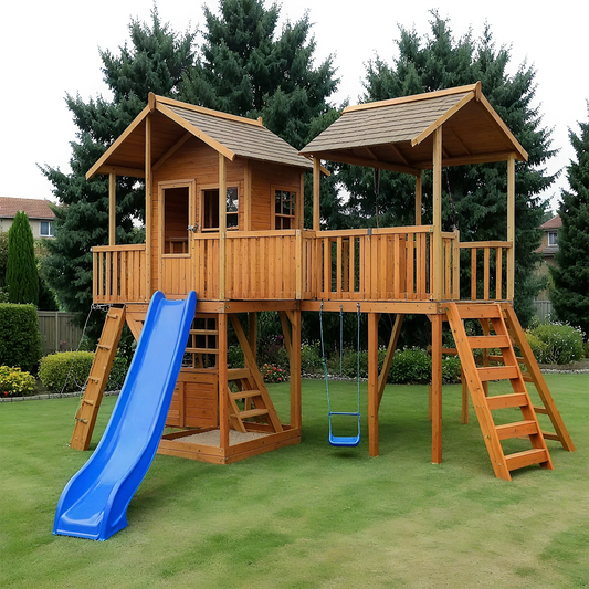 Luxury Wooden Swingset with Double Slides, Rope Ladder & Swings