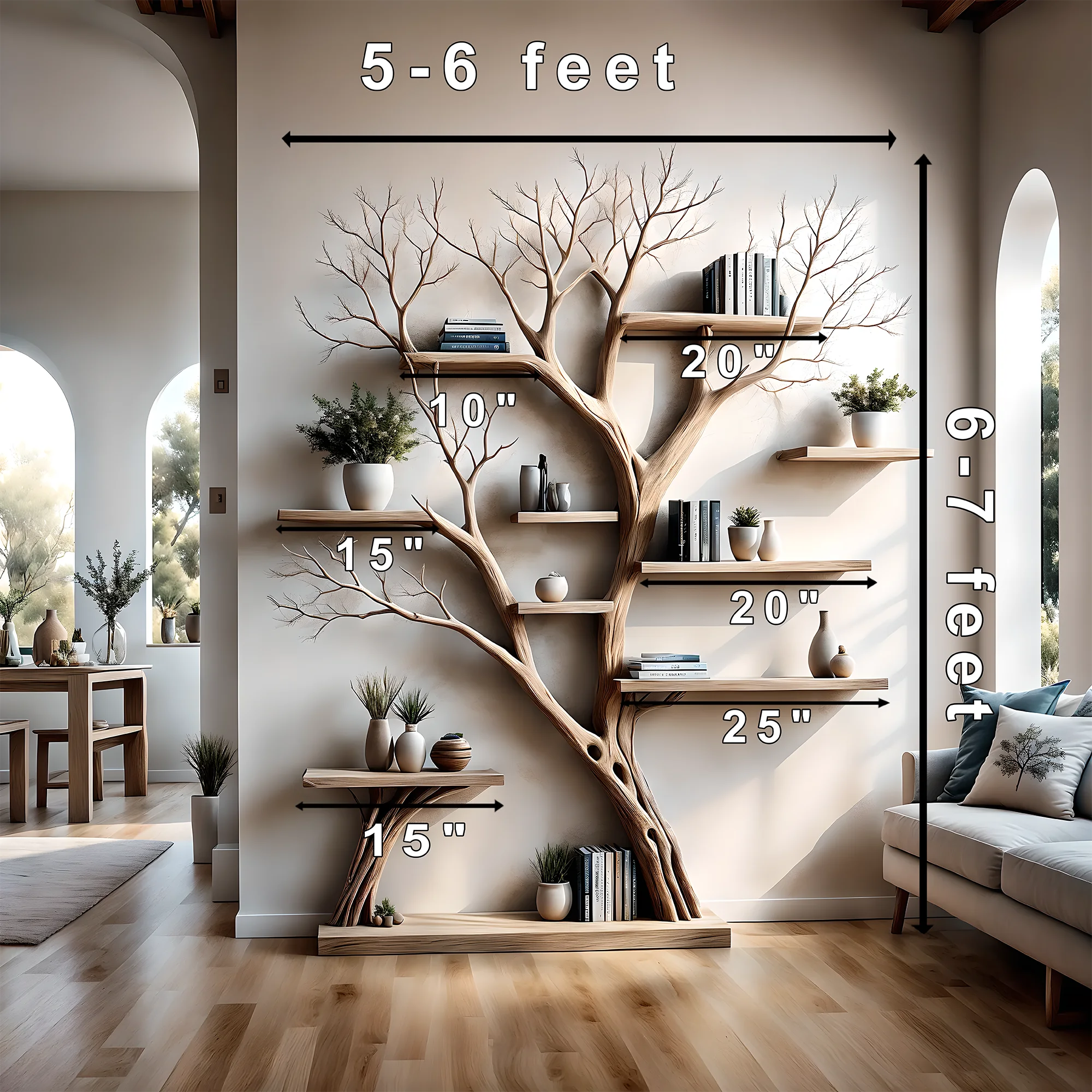 Tree-shaped bookshelf with side table, floating shelf, decorative shelf, children's bookshelf displaying souvenirs 