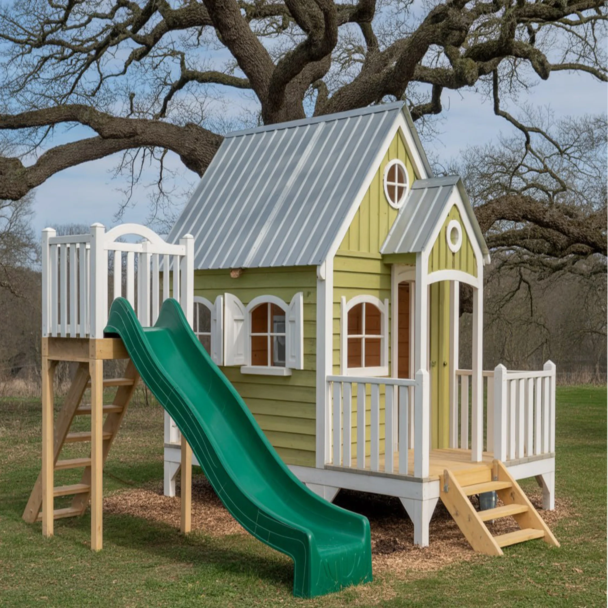 Luxury Wooden Playhouse with Slide & Swing Set – Outdoor Kids Play Structure 22x22 ft, 9 ft Height