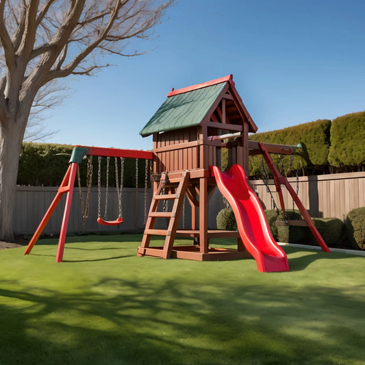 Outdoor Kids Swing Set with Playhouse, Slide & Sandbox – Backyard Wooden Fun