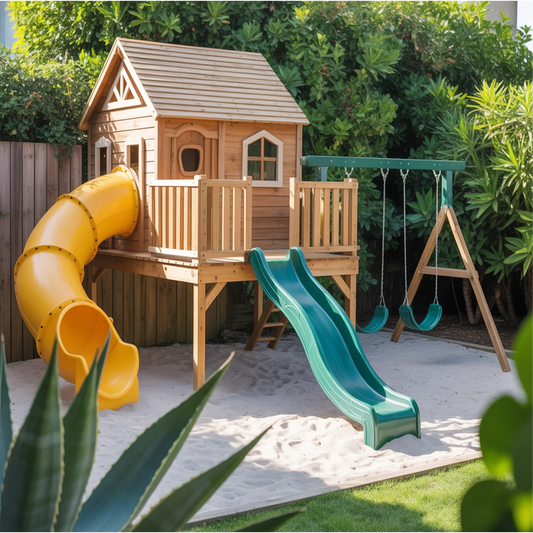 Wooden Outdoor Playhouse with Spiral & Straight Slides, Swings | Large 22x12x9 ft Kids Playground