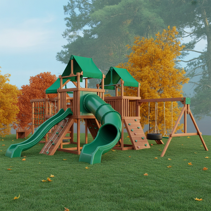 Wooden Swingset with Double Towers, Slide & Swings – Outdoor Kids Playground