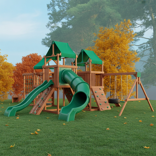 Wooden Swingset with Double Towers, Slide & Swings – Outdoor Kids Playground