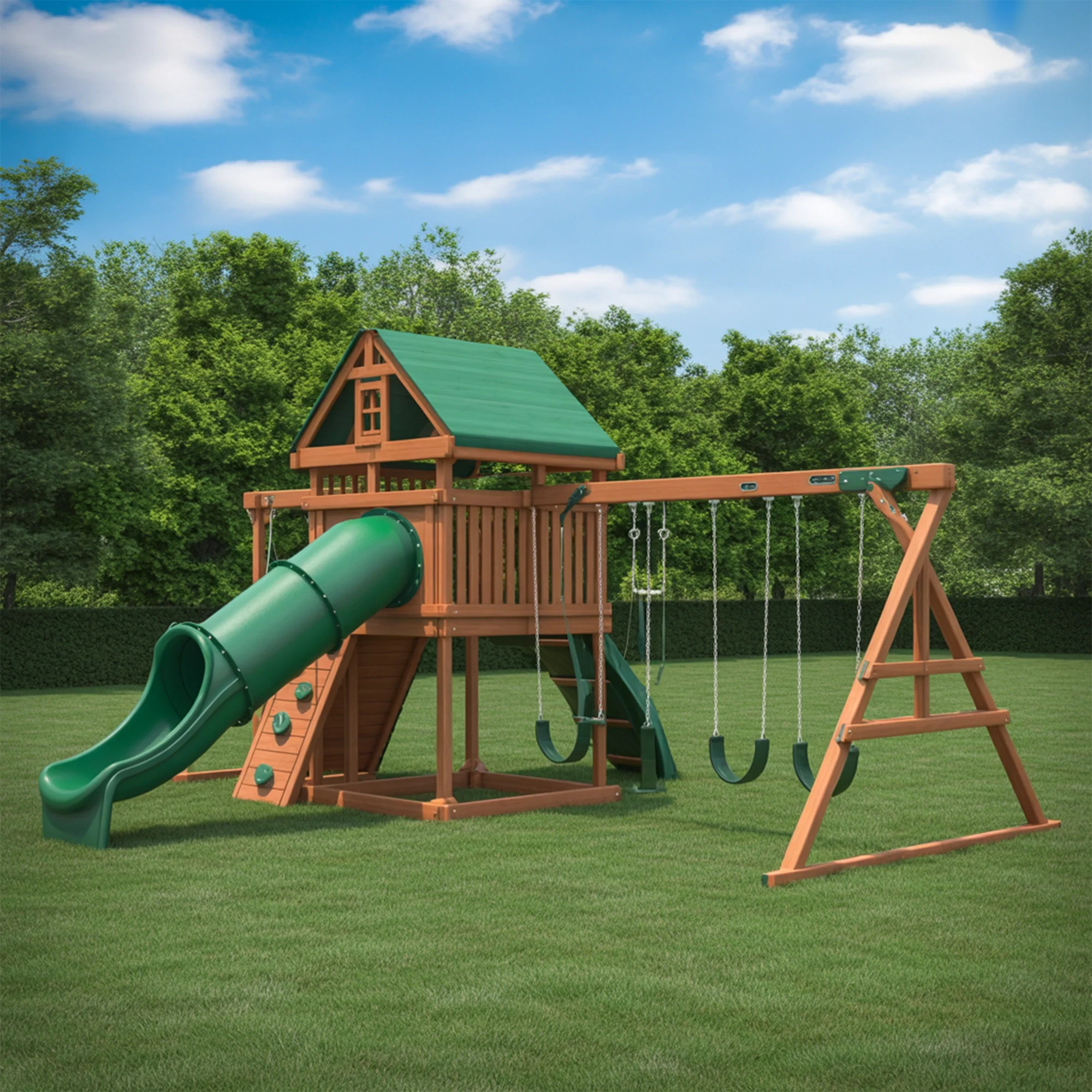 Deluxe Wooden Outdoor Playset with Tube Slide, Double Swings & Climbing Wall – 22ft x 10ft x 9ft