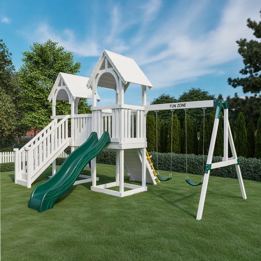 Wooden Double Tower Playset with Slides & Swings | Outdoor Playground 12x9x9 ft for Kids