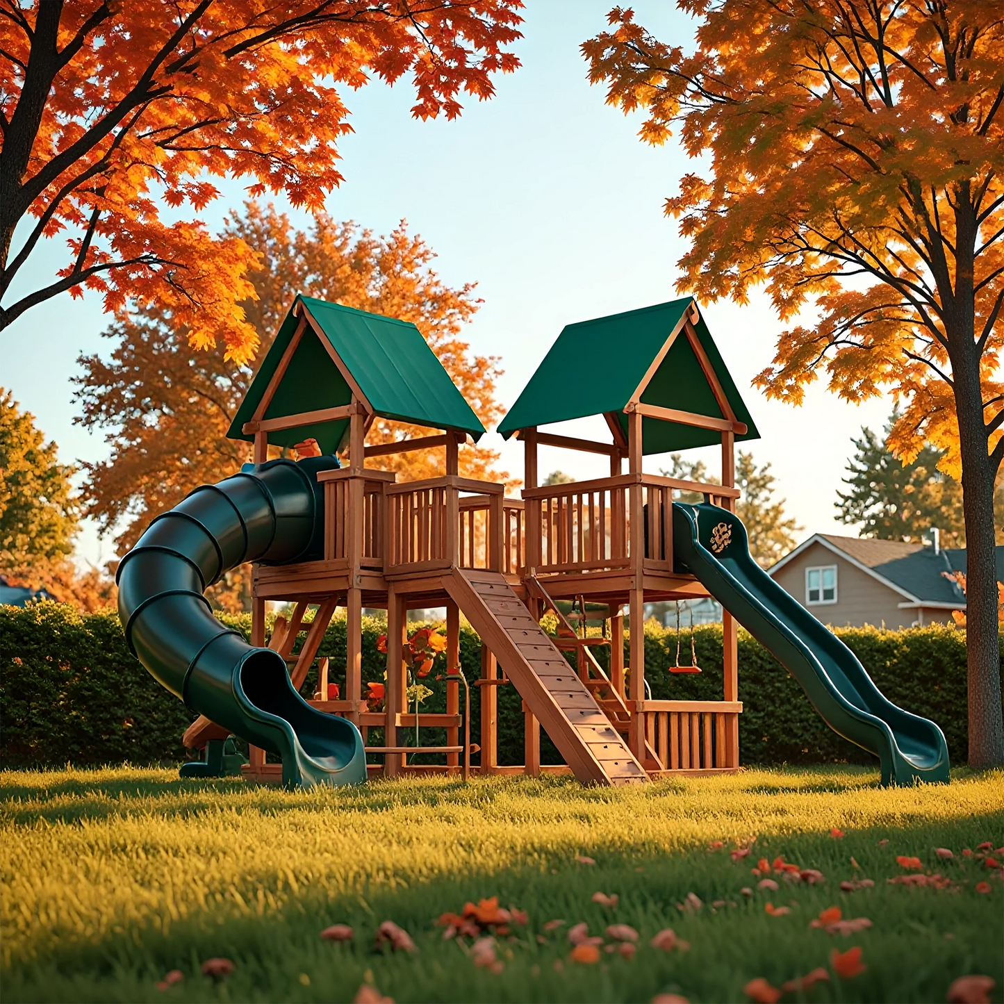 Backyard Swing Set with Rope Swing, Climbing Wall & Wooden Playhouse – Durable Outdoor Fun