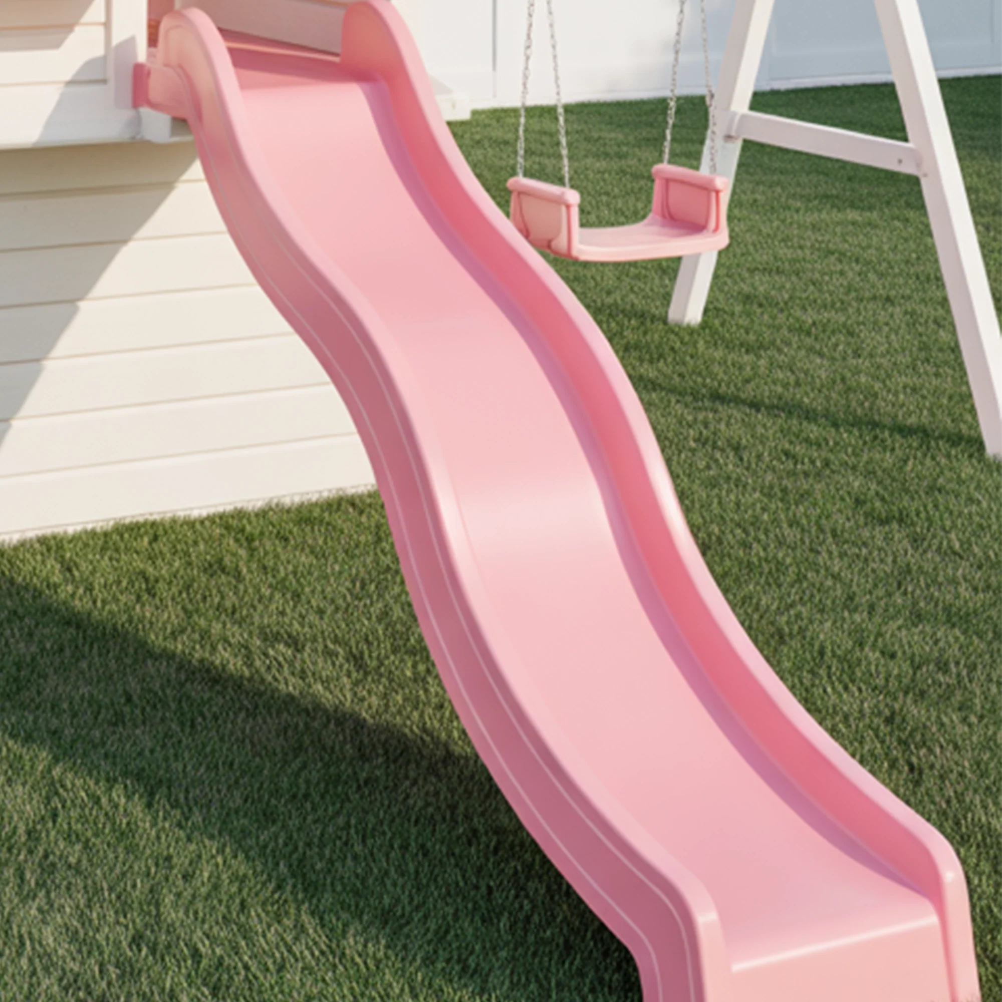 Charming Wooden Playhouse with Dual Slides & Swings | Cute Outdoor Playground for Kids Backyard Fun