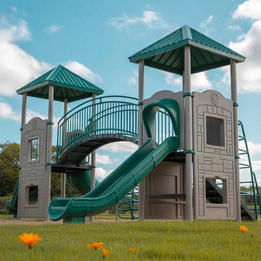 Epoxy Plastic Swingset with Double Towers, Bridge & Slides – Outdoor Playground for Kids