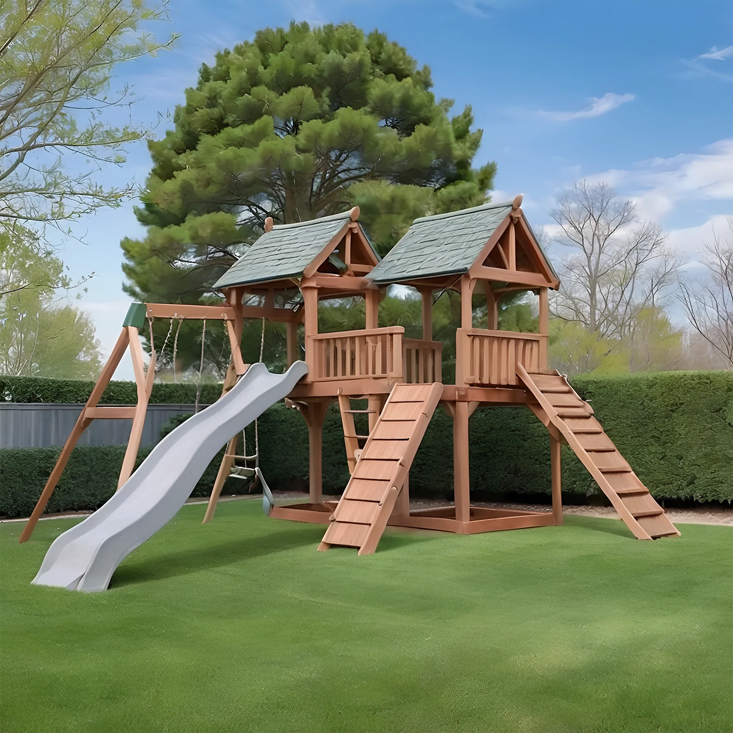Outdoor Wooden Playground with Slide & Swings – Backyard Swing Set for Children