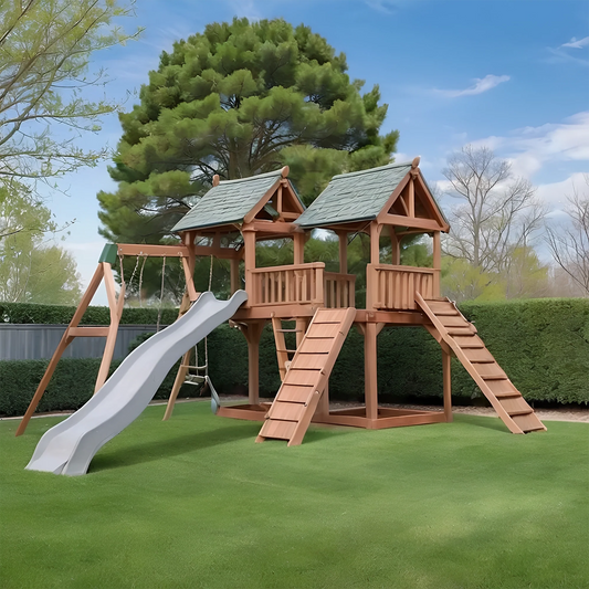 Outdoor Wooden Playground with Slide & Swings – Backyard Swing Set for Children
