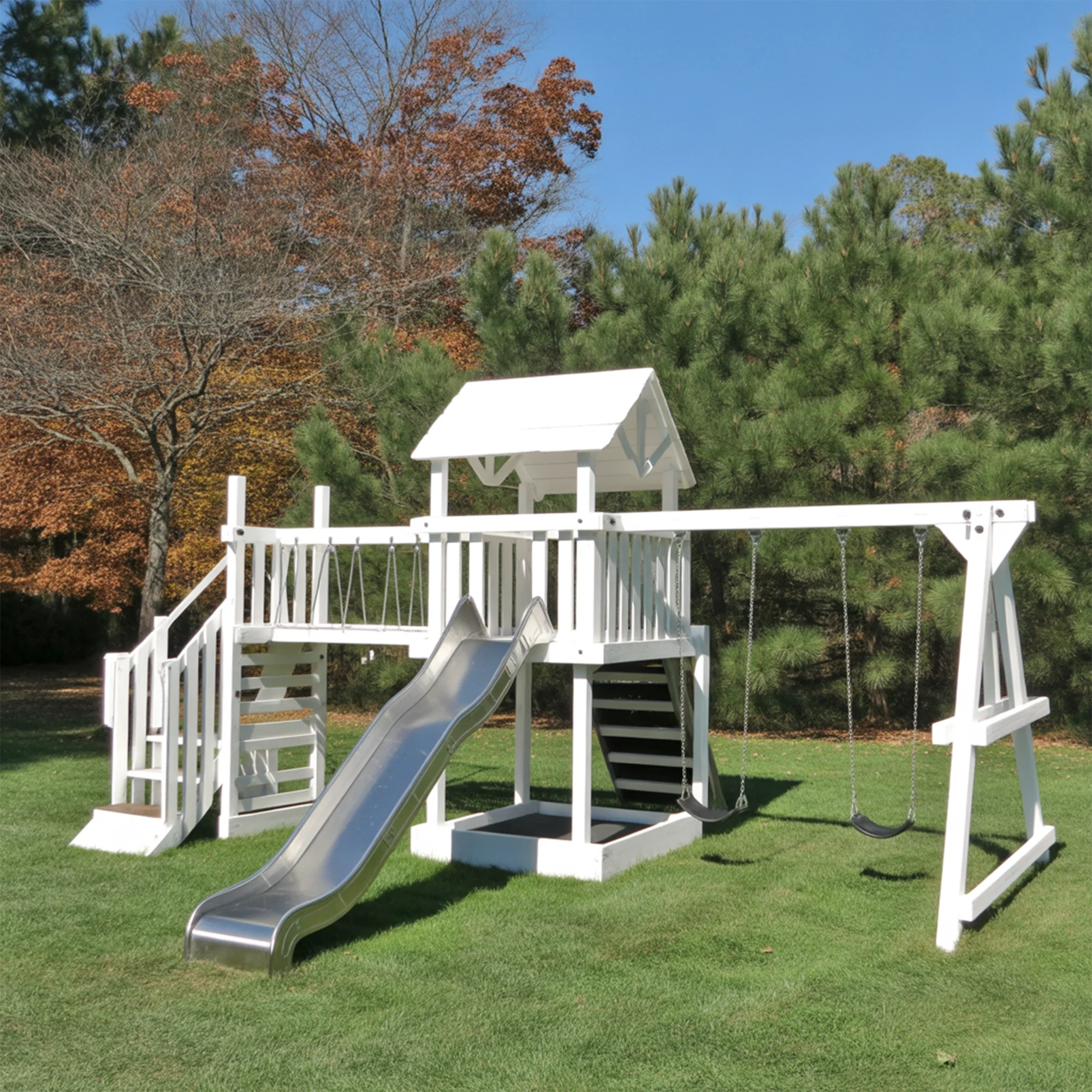 Backyard Wooden Playset with Double Swing, Climbing Stairs & Metal Slide – 22ft x 10ft x 9ft