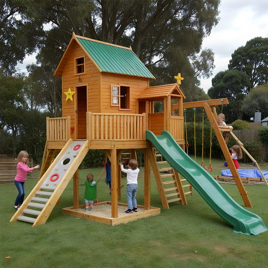 Deluxe Wooden Swing Set with Playhouse, Slides & Climbing Features