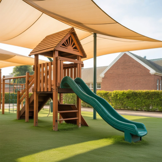 2-Story Wooden Swingset with Clubhouse, Slides & Swing Beam