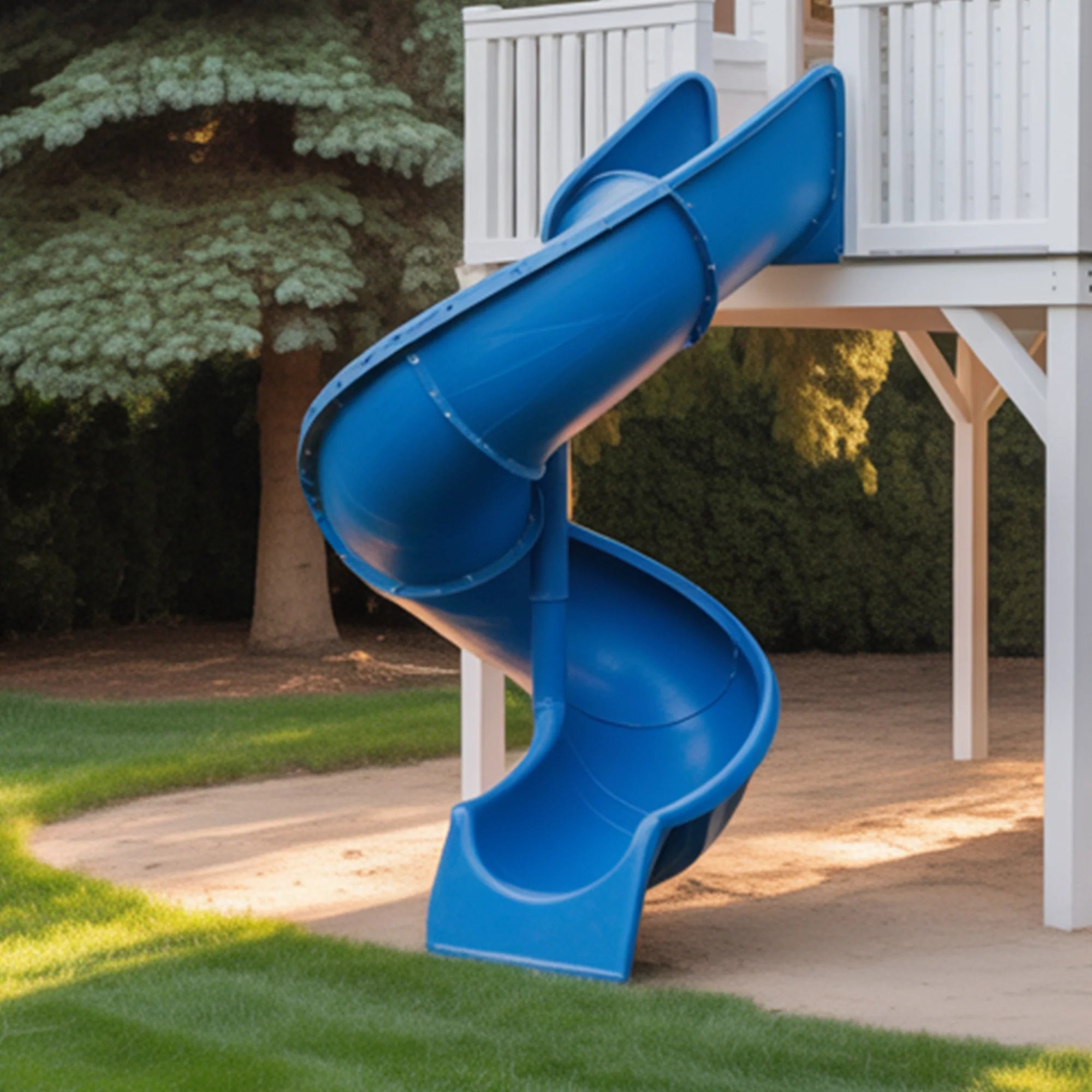 Deluxe Wooden Playhouse with Spiral Blue Slide, Double Staircase & Balcony – Outdoor Kids Playset 24x10 ft | Backyard Adventure