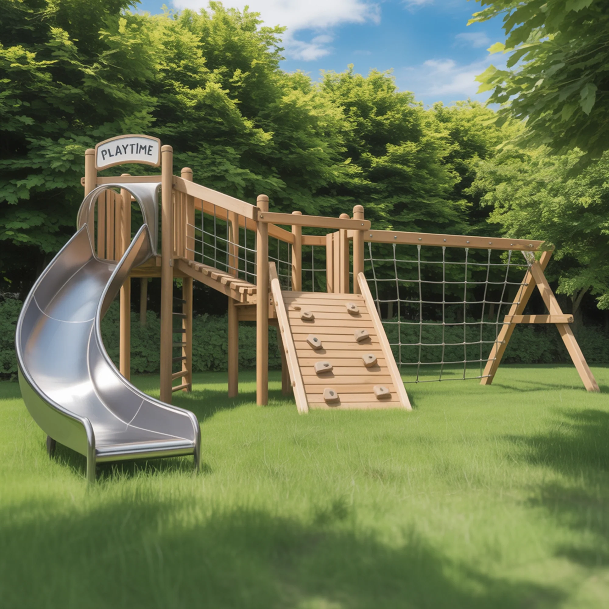 Backyard Wooden Playground with Curved Slide, Rock Climbing Wall & Rope Net | 9ft Height Outdoor Playset