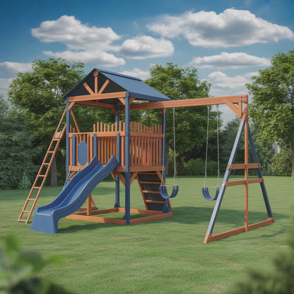 Premium Wooden Swingset with Double Slide & Swings – Outdoor Playset