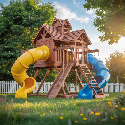 Wooden Swingset with Double Tube Slides & Playhouse – Kids Outdoor Playground