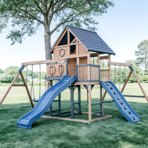 Deluxe Wooden Swingset with Double Wave Slides & Clubhouse Tower