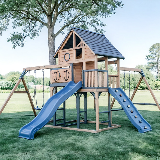 Deluxe Wooden Swingset with Double Wave Slides & Clubhouse Tower