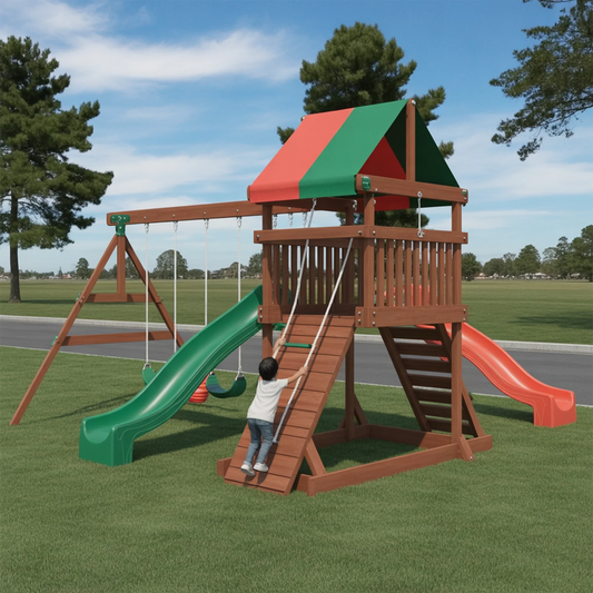 Premium Wooden Swingset with Dual Slides, Climbing Wall & Swing Set – 22ft x 12ft x 9ft Outdoor Playset