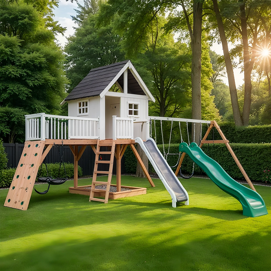Premium Kids Wooden Playground with Dual Slides, Swings & Adventure Playhouse