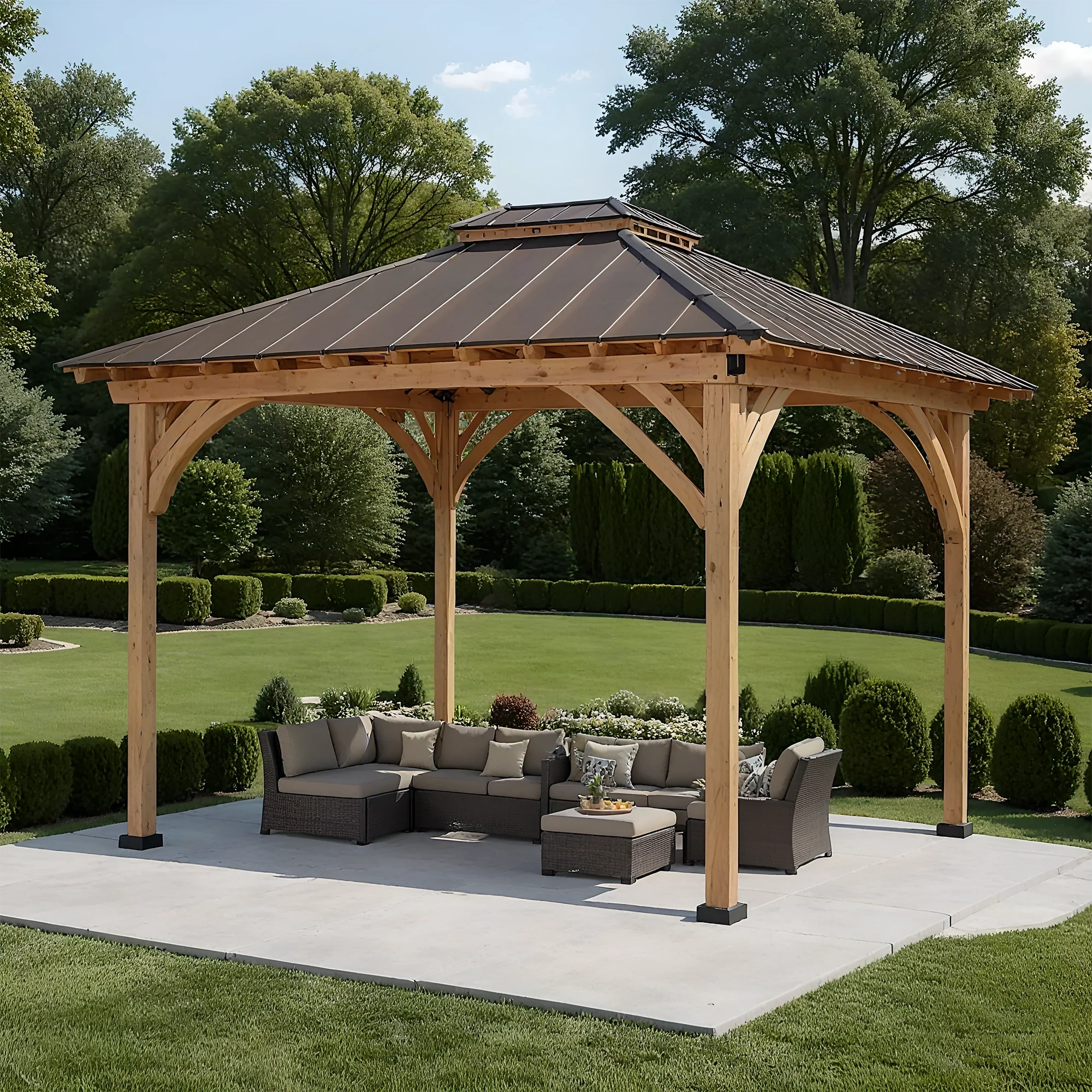 12x12 Wooden Gazebo with Metal Roof | Outdoor Pavilion for Patio, Garden & Poolside Lounge