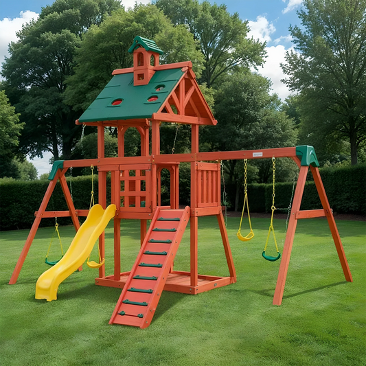 Luxury Outdoor Wooden Swingset with Dual Slides & Playhouse
