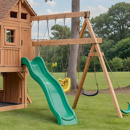 Large Wooden Swing Set for Backyard – Playhouse, Swings & Double Slides Included