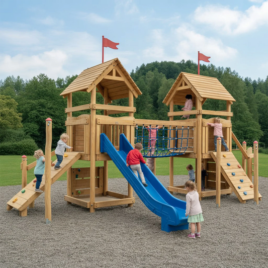Kids Outdoor Wooden Swingset with Slide, Swings & Adventure Tower