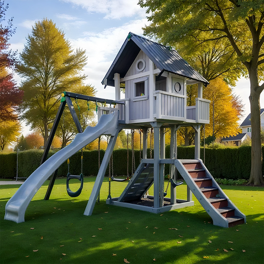 Multi-Activity Swing Set with Slides, Climbing Features & Playhouse for Kids