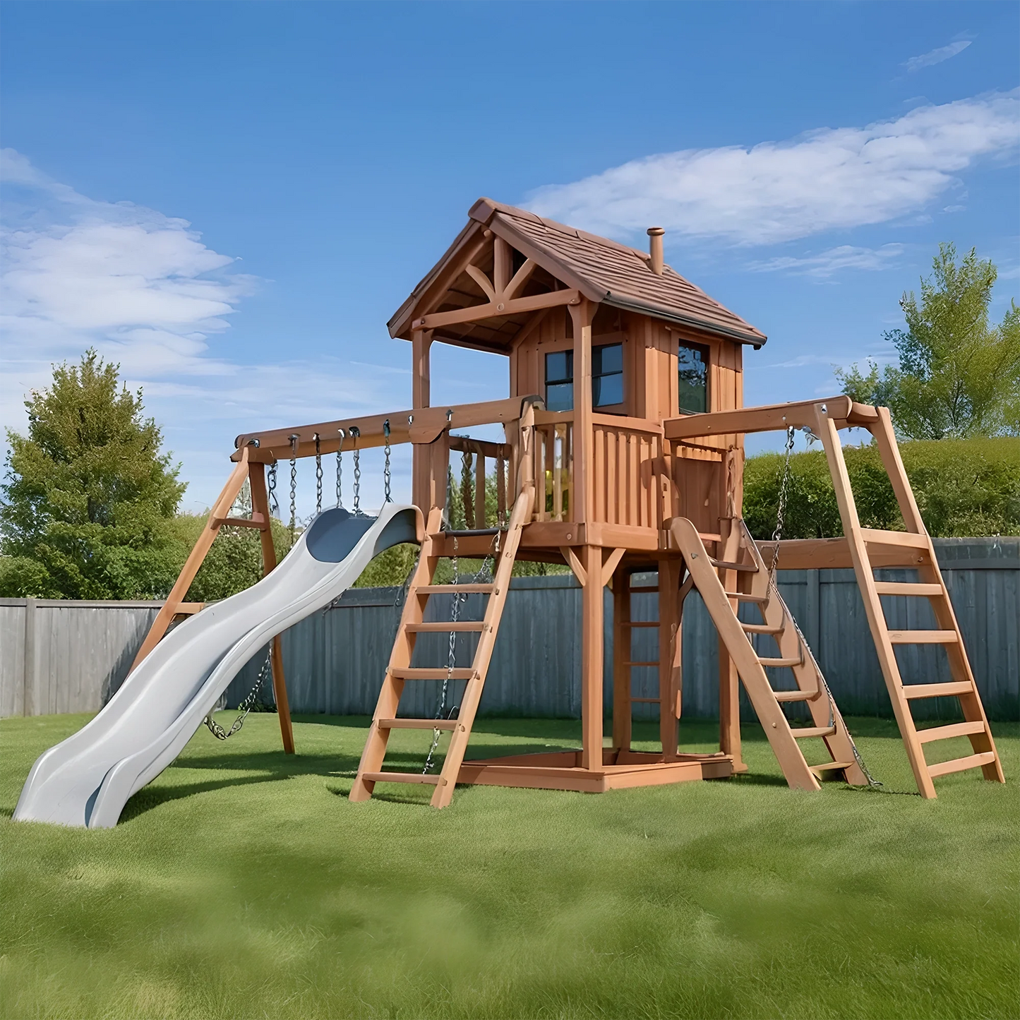 Kids Wooden Playground – Swing Set with Slide, Bench & Playhouse for Backyard