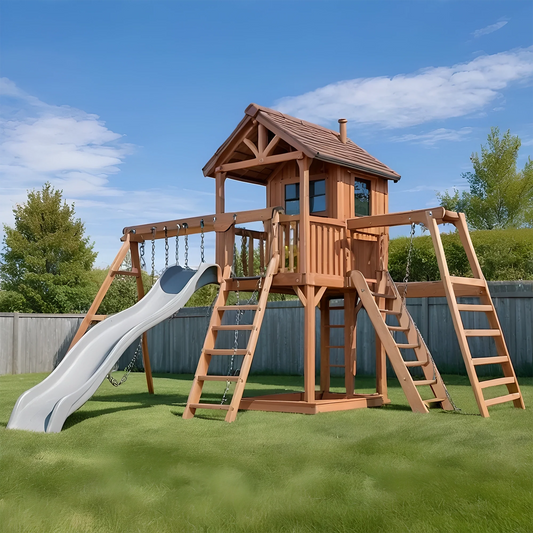 Kids Wooden Playground – Swing Set with Slide, Bench & Playhouse for Backyard