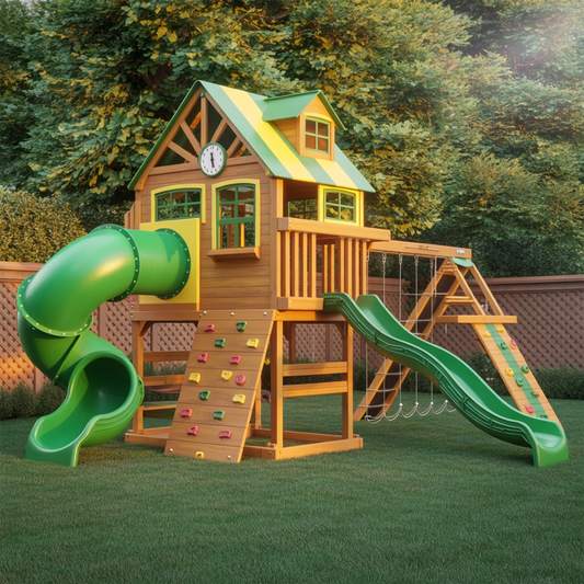 Wooden Swingset with Dual Slides & Climbing Wall – 22x12x9 ft