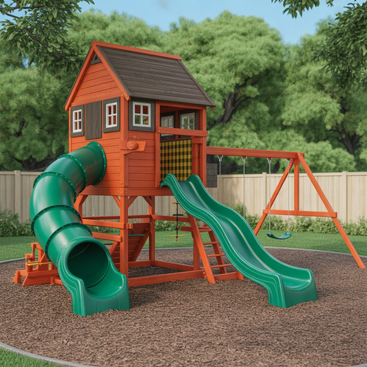 Large Wooden Playhouse with Dual Slides & Swings | Outdoor Kids Playground for Backyard Fun