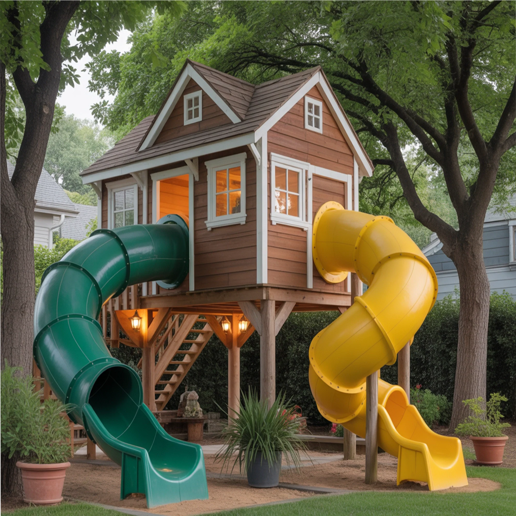 Wooden Playhouse with Dual Tunnel Slides | 22x12x9 ft Elevated Kids Outdoor Playground