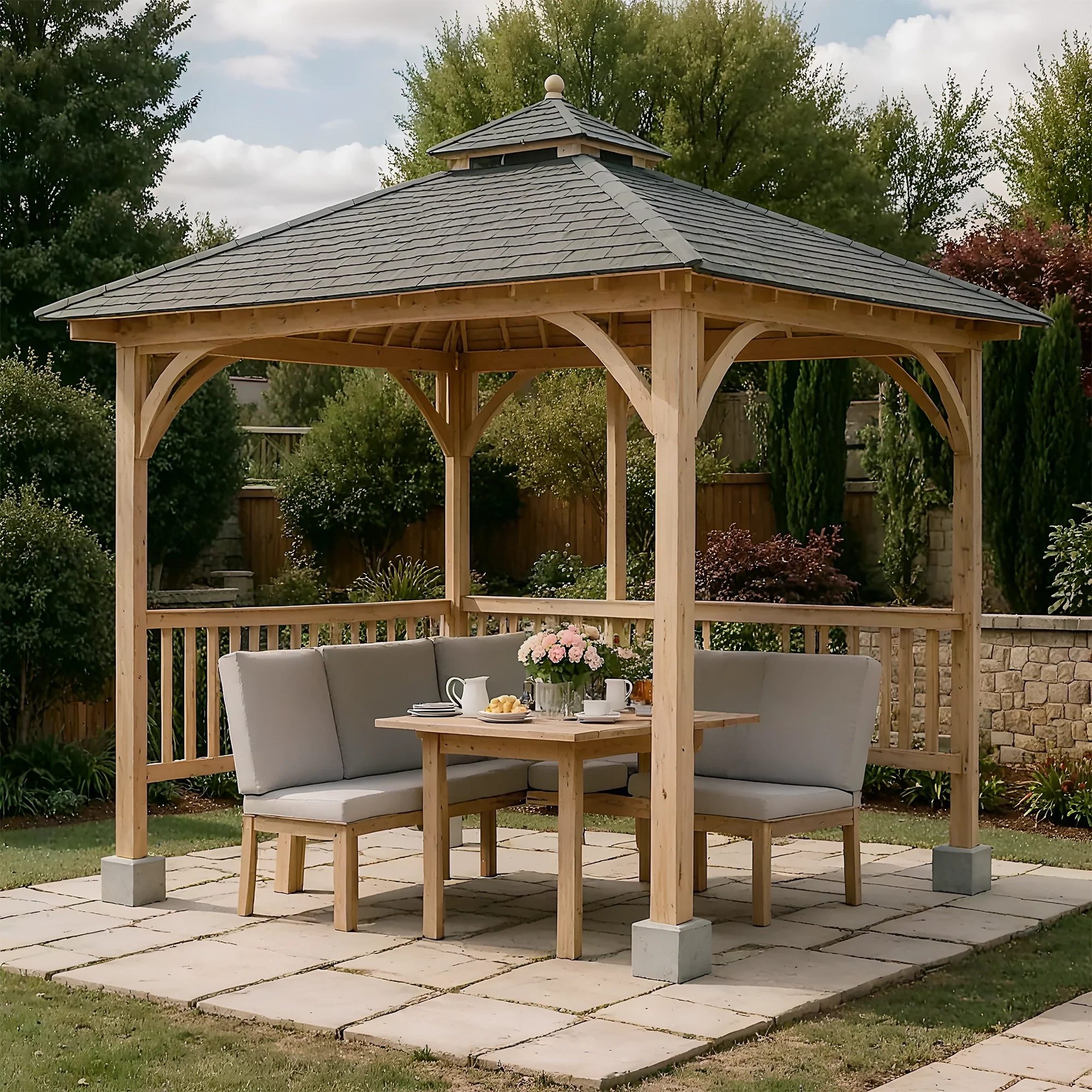 12x12 Wooden Gazebo with Railings & Steel Roof | Outdoor Pavilion for Patio, Garden & Backyard