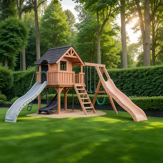 Backyard Wooden Playset – Swing Set with Slide, Rock Wall & Playhouse Combo