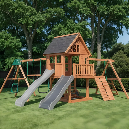 Kids Outdoor Playhouse Tower – Wooden Swing Set with Slide & Sandbox