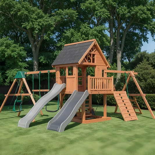Kids Outdoor Playhouse Tower – Wooden Swing Set with Slide & Sandbox