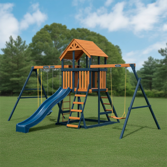 Premium Wooden Swingset with Slide, Climbing Wall & Double Swing – 22ft Outdoor Playset
