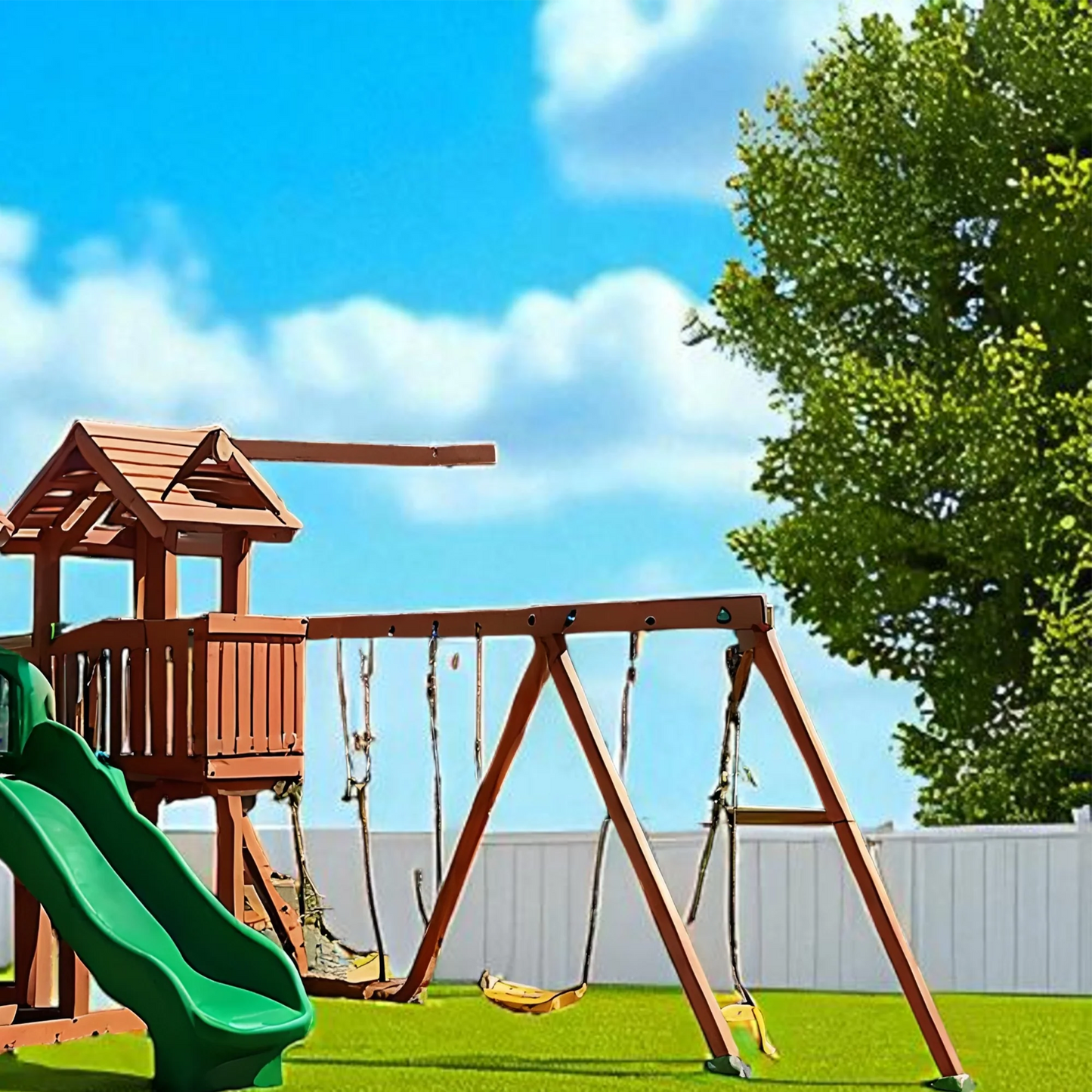 Wooden Outdoor Swing Set Playground with Double Slides, Swings & Climbing Wall – Large Backyard Playhouse for Kids
