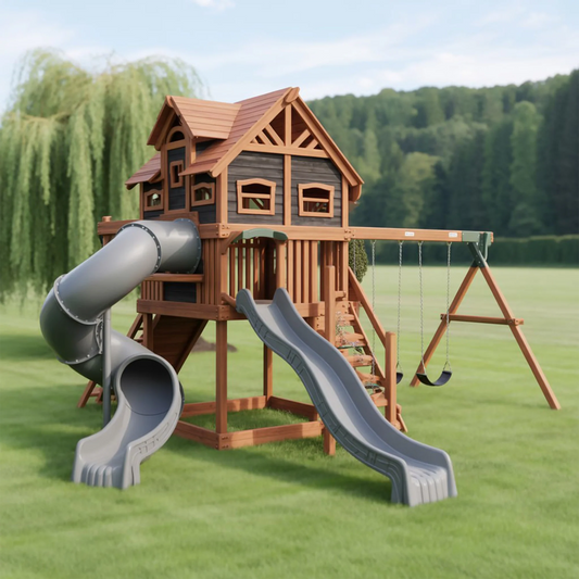 Create lasting memories with a sturdy wooden swingset, complete with slide, rock wall & swing seats – fun for kids ages 3–12.