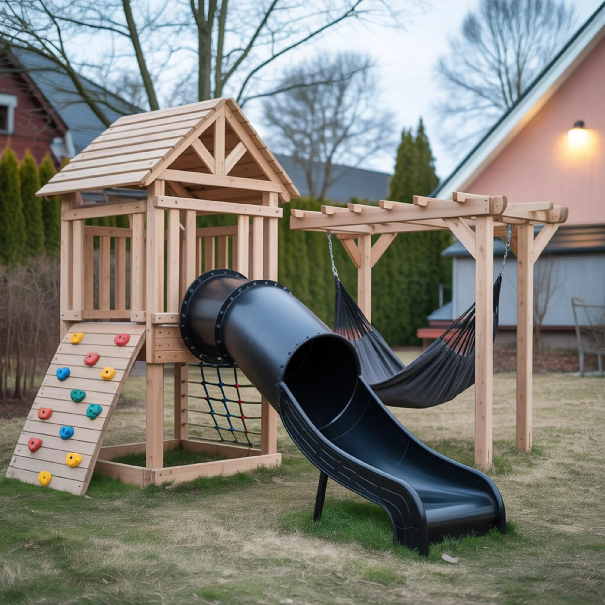 Backyard Wooden Playset with Tube Slide, Rock Climbing Wall & Double Hammock – 22x12x9 ft Outdoor Playground