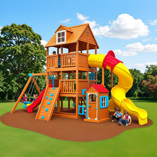 Classic Wooden Swing Set with Slide & Playhouse for Kids
