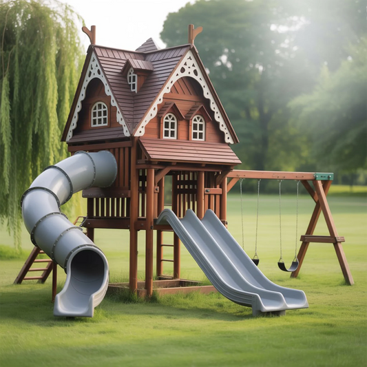 Wooden Swingset with Clubhouse Tower & Slide – Safe Outdoor Playground