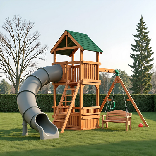 Large Wooden Swing Set with Slide & Sandbox – Outdoor Playhouse Tower for Kids