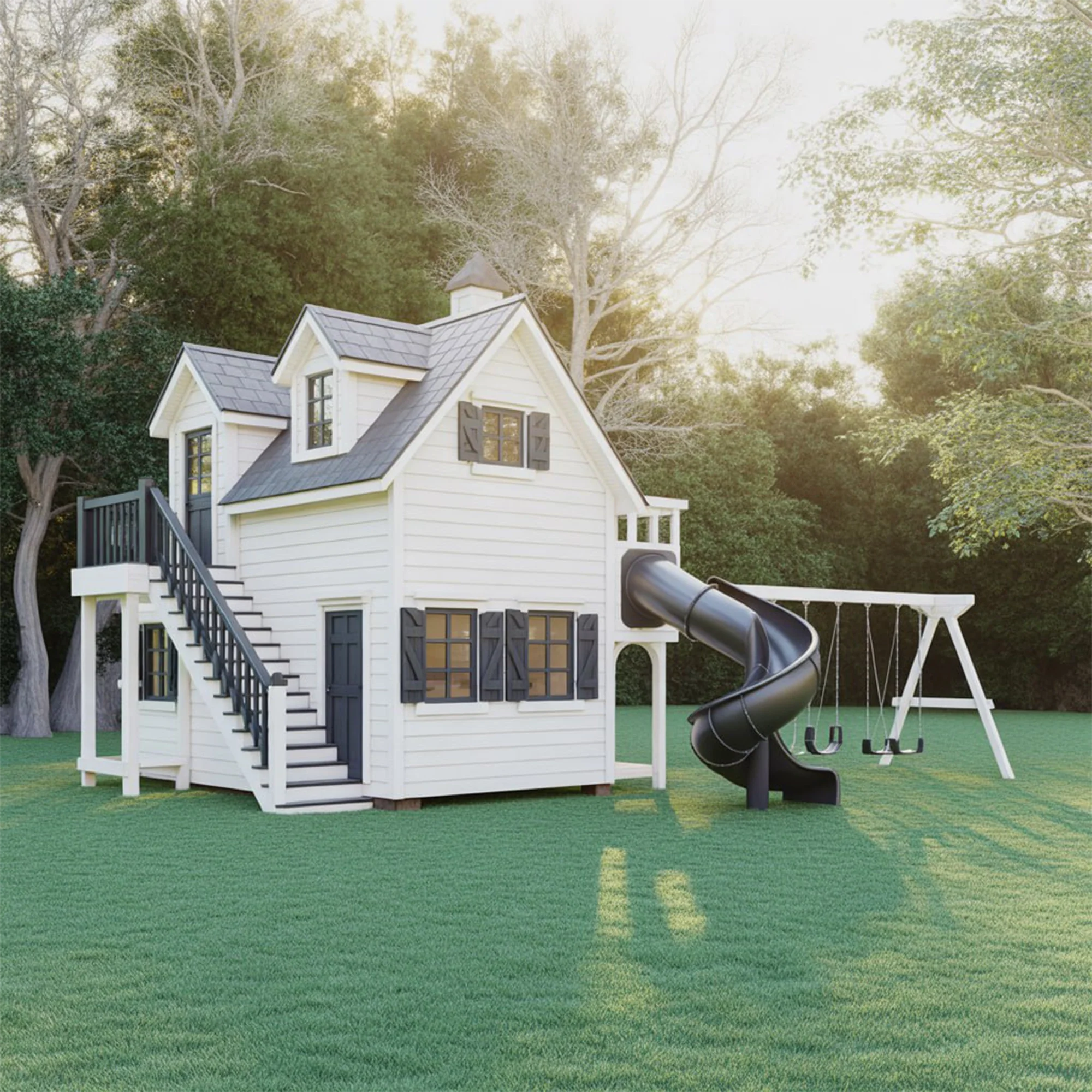 Luxury Two-Story Wooden Playhouse with Spiral Slide and Dual Swings – 22x10 ft Outdoor Activity Set