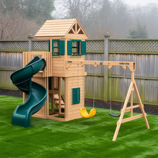 Wooden Swingset with Spiral Tube Slide & Double Swings | 2-Story Backyard Playhouse for Kids – 16x12x10 ft Outdoor Playground