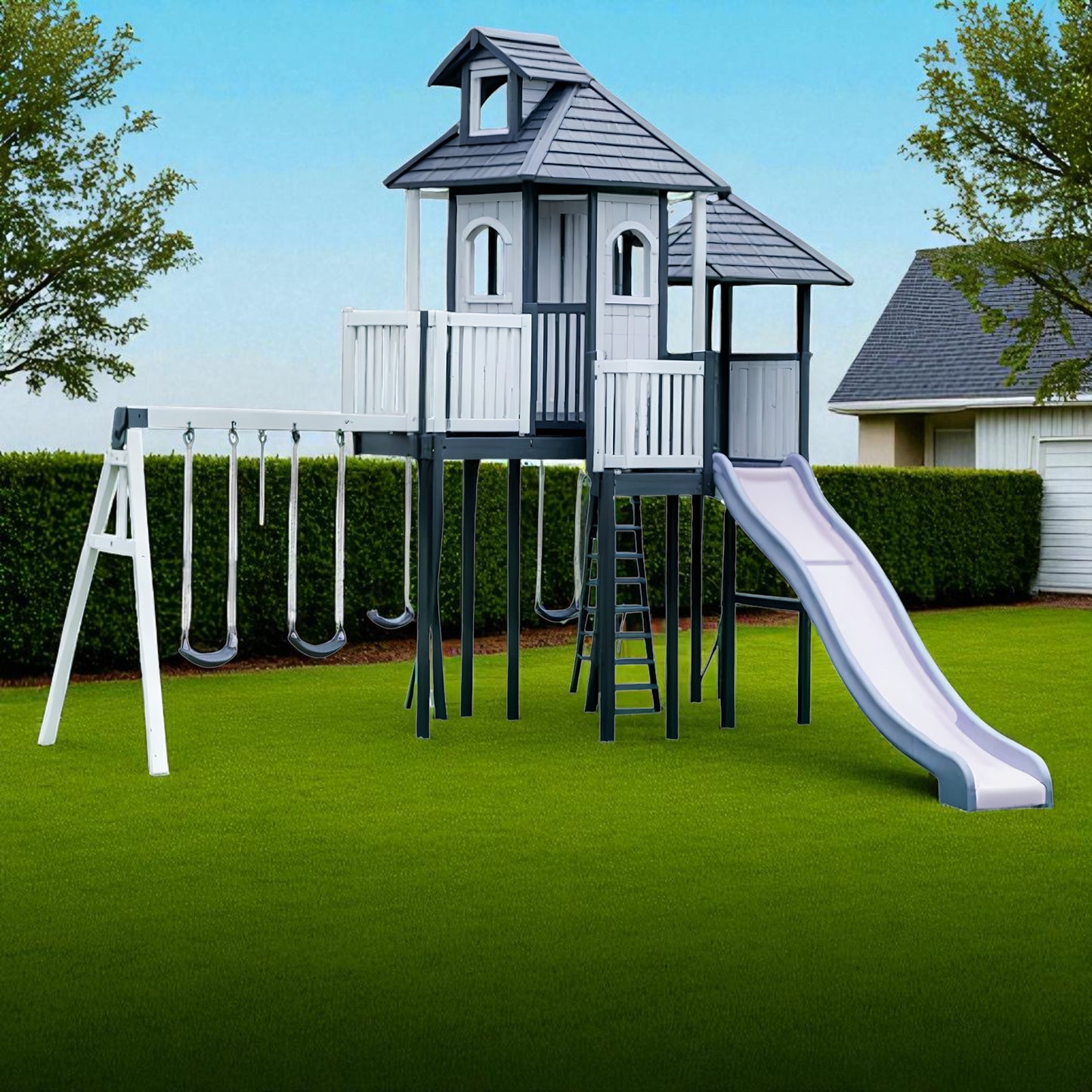 Wooden Outdoor Playset with Slide, Swings & Playhouse – Safe Backyard Playground for Kids